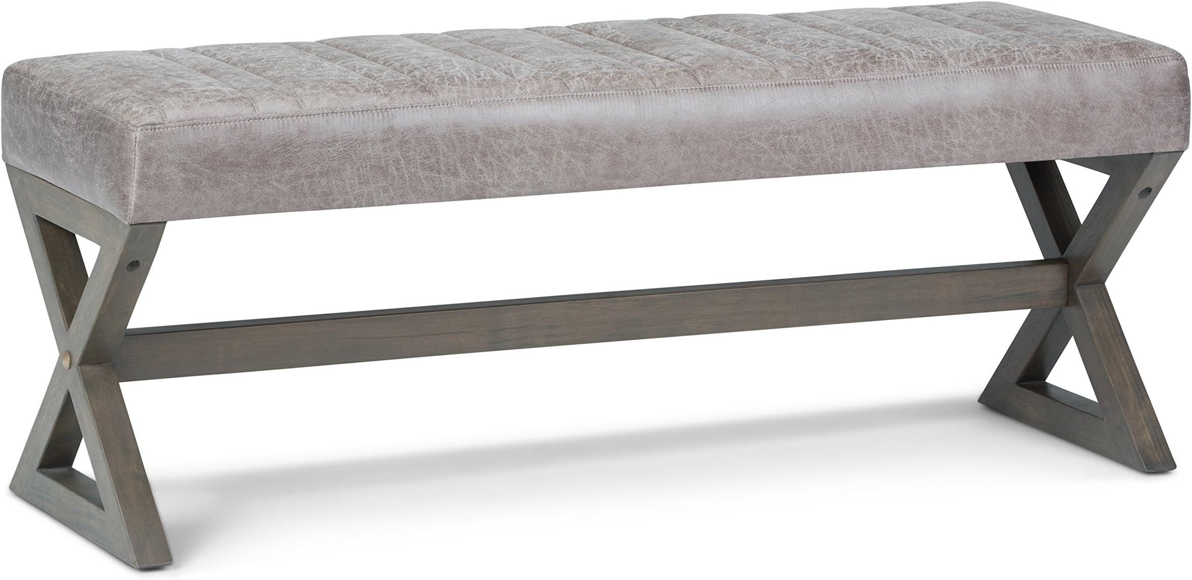 SIMPLIHOME Salinger Large Ottoman Bench - 48 inch Wide Upholstered Vegan Leather Rectangle Ottoman in Distressed Grey Taupe, Contemporary Modern Bench for Bedroom with Quilted Stitching