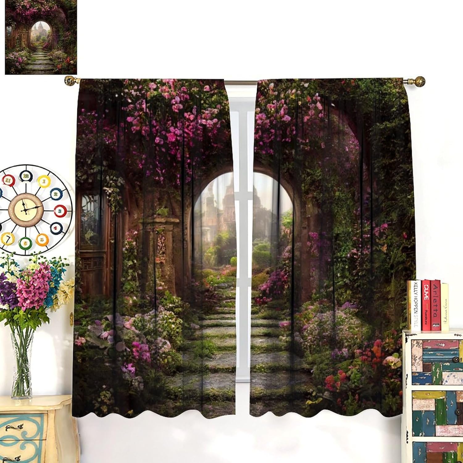 Fantasy Nature Windows Curtains,Fairytale Magical Garden Window Treatments for Bedroom Living Room Dreamland Scenery Flower Drapes 2 Panels Set,Total Size 42 x 45 Inch