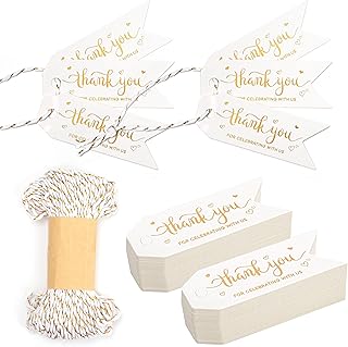 Lesnala 240Pcs Small Thank You Tags with String Gold Foil Personalized Label for Party Birthday Baby Shower Craftwork WeddingThanksgiving Gift Wrapping 2.75 X 1inch