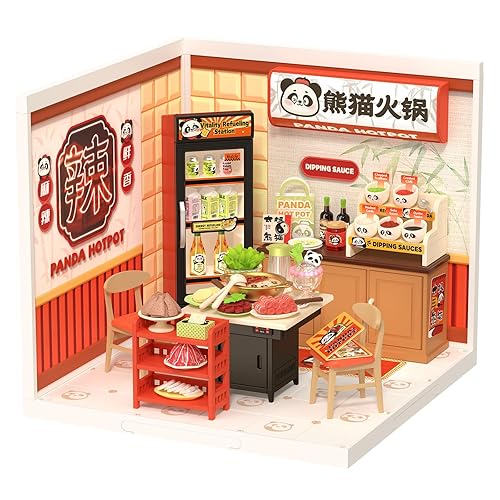 Rolife Super Creator DIY Miniature Plastic House Building Set Playset with LED, Suitable for Mini Figures Construction Toys Diorama Kit Gifts for Teens Adults (Panda Hot Pot) - Panda Hot Pot