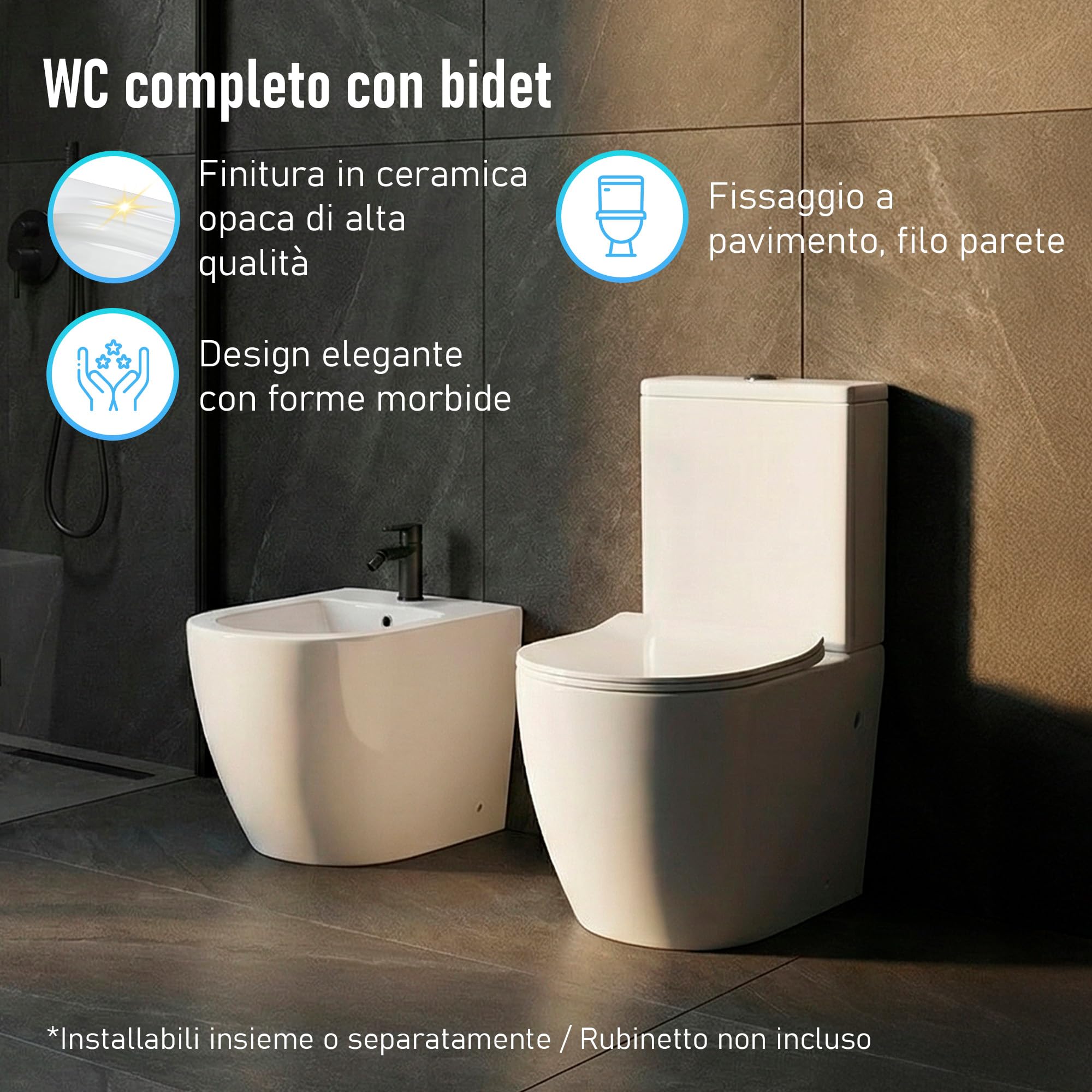 WC Rimless con Cassetta, Bidet e Doppio Scarico, Bianco