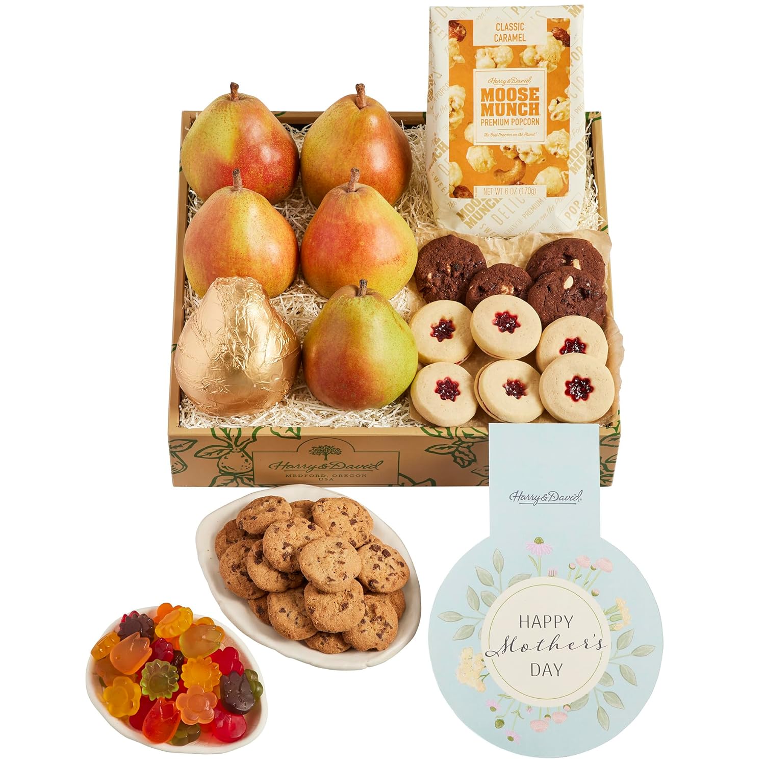 Harry & David Deluxe Mother's Day Box With Fresh Pears, Flower Cookies, Moose Munch Popcorn, Gummies & Mother's Day Medallion