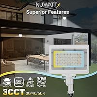 Vista 4 de NUWATT Luz de inundación LED de 30 W, 3CCT 3000K/4000K/5000K seleccionable, iluminación impermeable IP65, montaje de nudillo ajustable, 4200 lm