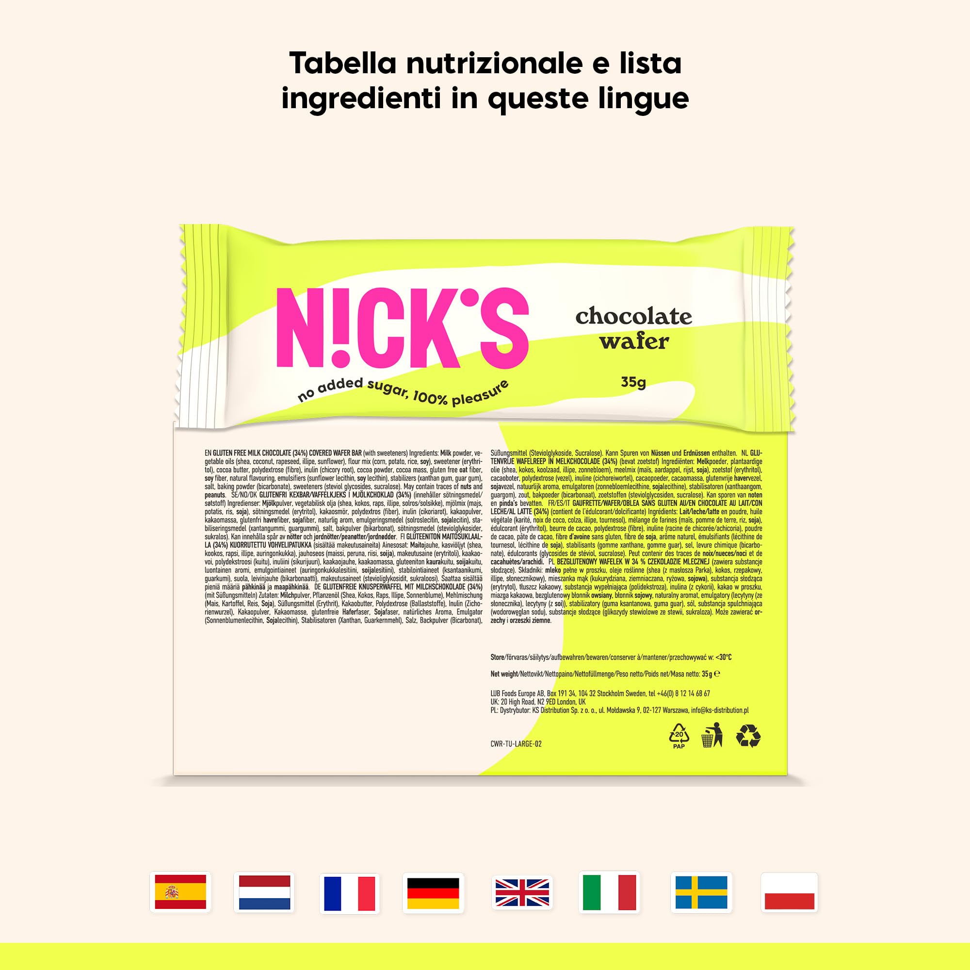 NICKS Barrette di Wafer al Cioccolato, Low Carb Biscotti 165 Calorie Senza Zucchero Aggiunto Dolci Caramelle Senza Glutine (24 Chocolate wafer x 35g)