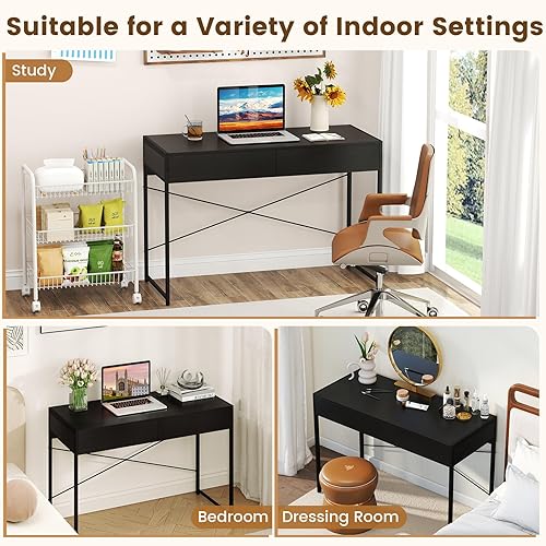 Miniatura 7 de GOFLAME Moderno escritorio para computadora de 2 cajones, escritorio de oficina en casa con marco de metal reforzado de alta resistencia, escritorio