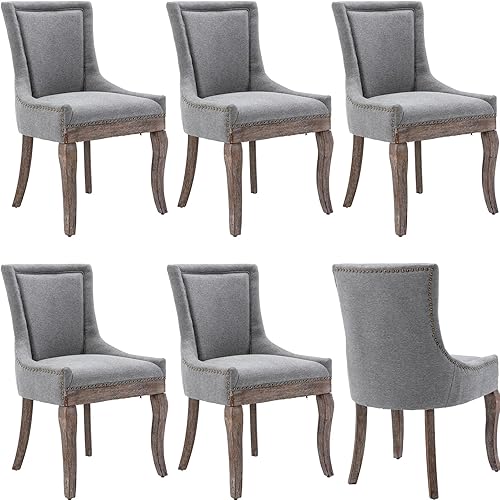 Miniatura 8 de Juego de 4 sillas de comedor tapizadas, sillas de cocina de tela con ribete de cabeza de clavo, sillas de cocina y comedor con respaldo alto, patas