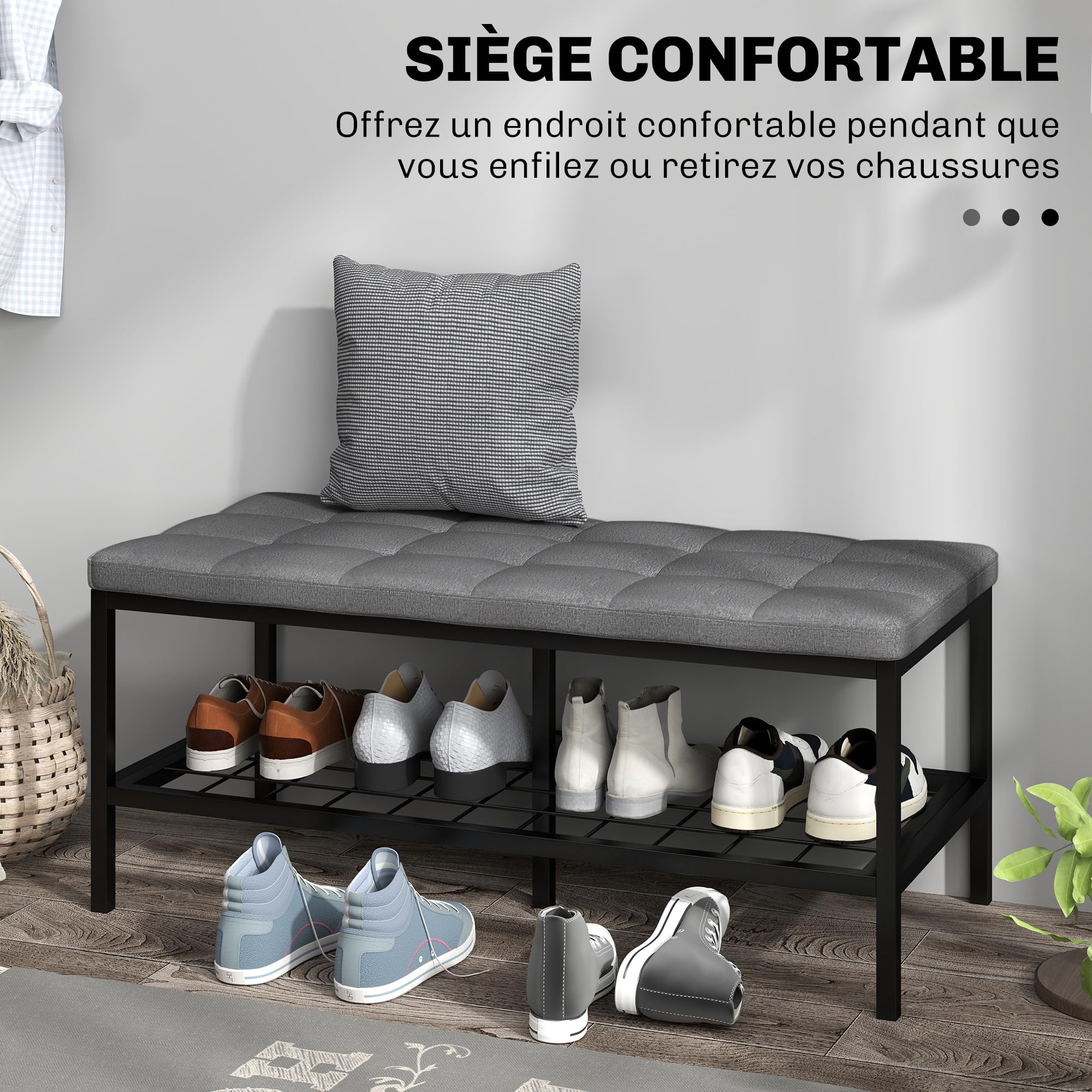 HOMCOM Schuhbank mit gepolstertem Kissen und Aufbewahrungsregal 90 x 41 x 40 cm grau