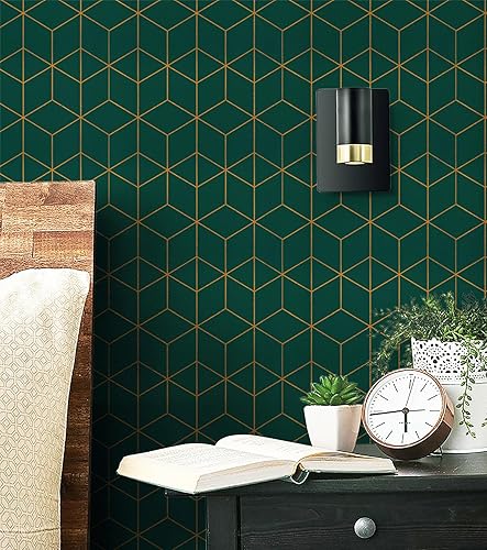 Vista 73 de Safiyya Papel tapiz geométrico dorado y negro de 118 x 17.3 pulgadas, papel adhesivo autoadhesivo extraíble para armarios y paredes, rollos