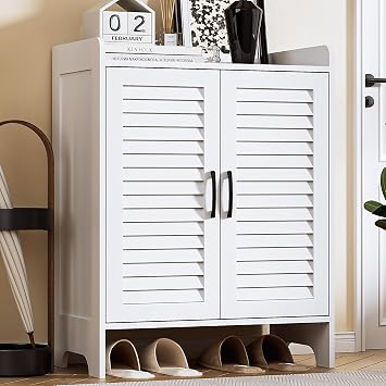 Spurgehom 4 Tier Shoe Cabinet with 2 Doors, Shoe Storage Cabinet with Adjustable Shelves, Freestanding Shoe Rack Organizer Cabinet for Entryway Hallway, White