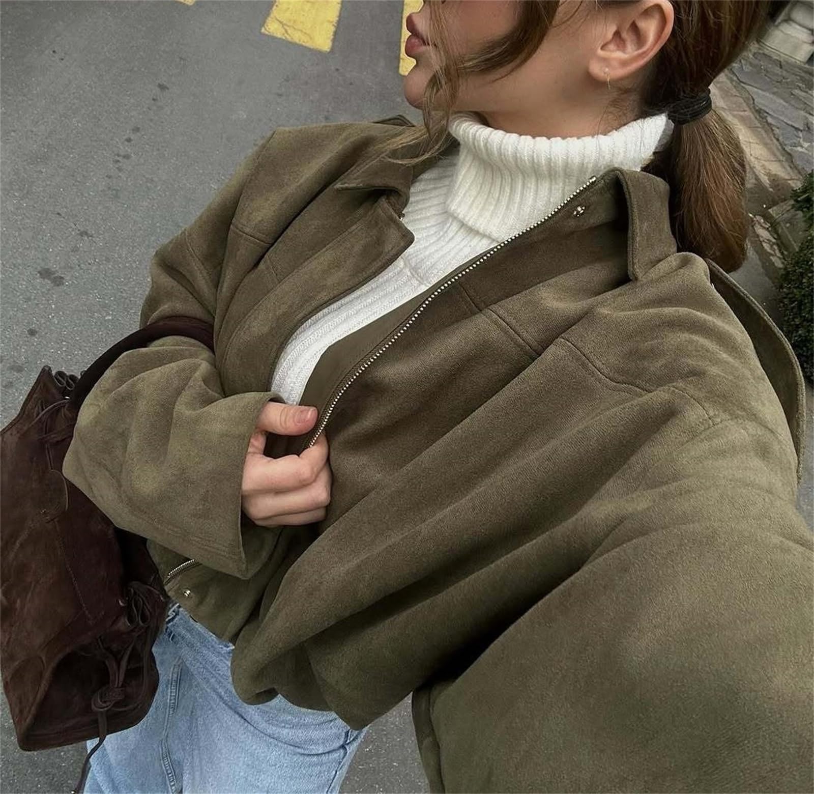 Generisch Chaqueta bomber de ante sintético para mujer, abrigo corto con cremallera y solapas, chaqueta de motociclismo de gran tamaño, estilo casual