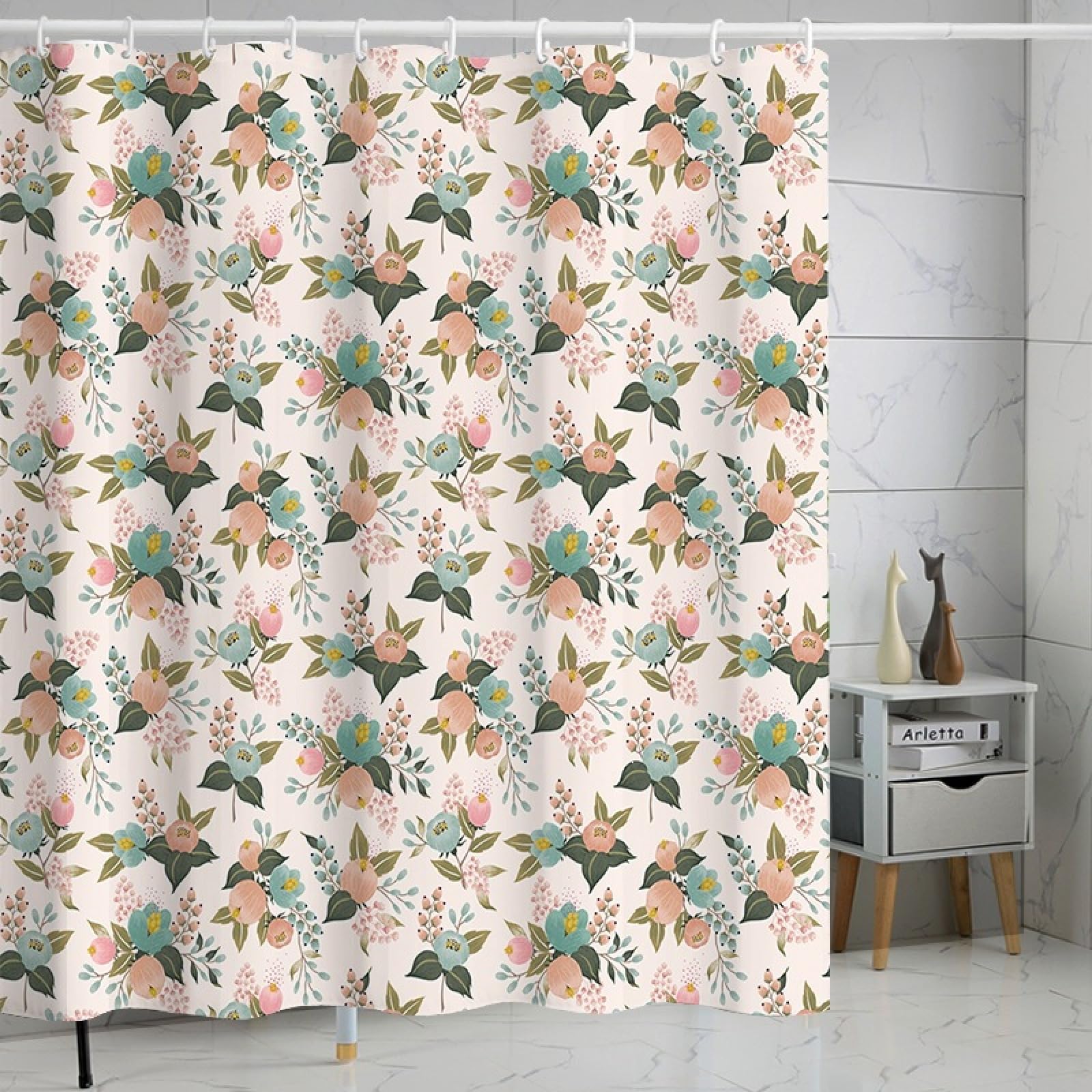 Shower Curtains Pink Green Floral Wet Room Shower Curtain Mould Proof Resistant Waterproof Polyster Fabric Washable with 12 Hooks Garden Bathroom Curtains (180x180cm)