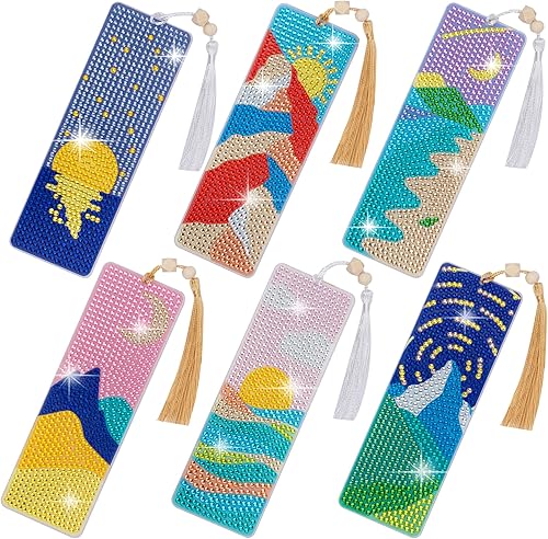 Miniatura 1 de SWATOM 6 marcapáginas de pintura de diamantes 5D Sol y Luna acrílico diamante con kits de pintura DIY borlas y cuentas de madera, marcadores de