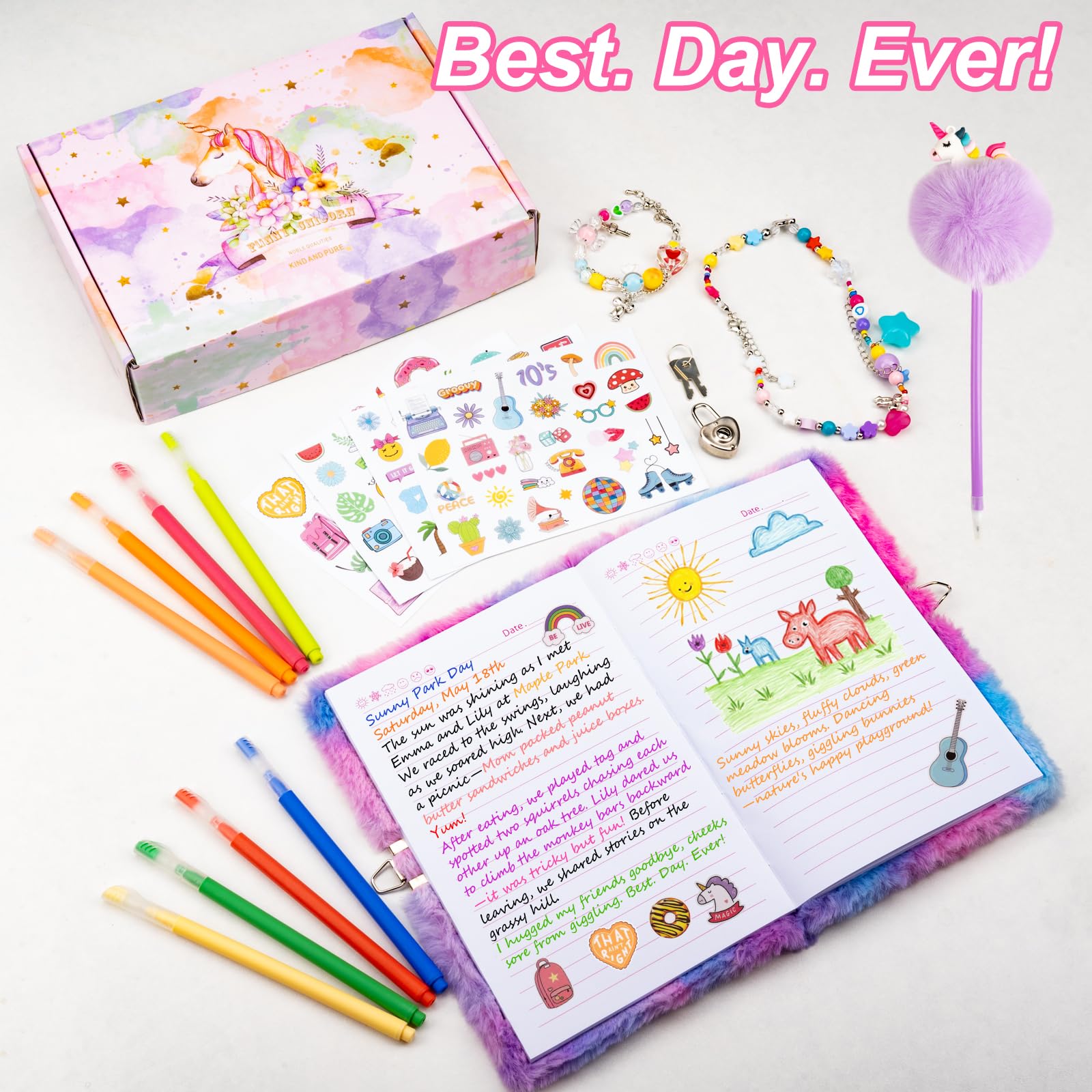 EABUY Tagebuch für Mädchen mit Schloss und Schlüsseln, Kinder-Tagebuch, Schul-Reise-Notizbuch, Geschenk-Set zum Schreiben und Zeichnen, mehrfarbiger Stift, Aufkleber, Geburtstagsgeschenk für Mädchen