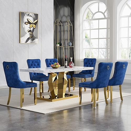 Miniatura 11 de Juego de 5 mesas de comedor de mármol sintético, juego de mesa de cocina y comedor para 4, mesa de comedor rectangular blanca de 70 pulgadas con