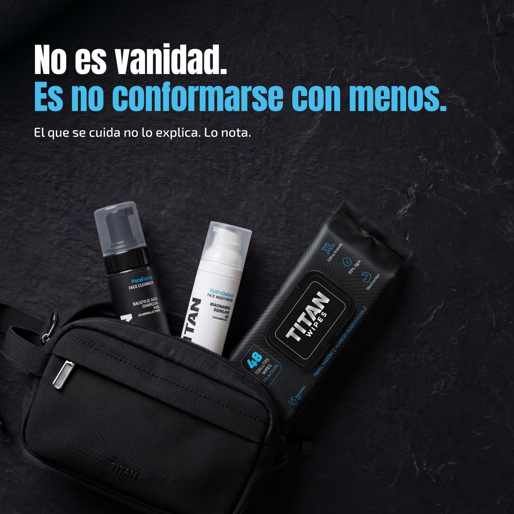 Titan Kit Cuidado Facial Hombre – Espuma Limpiadora PoreForce con Carbón Activo 150ml + Crema HydroDefend con Niacinamida y Péptidos 50ml + Neceser Nylon Balístico – Hecho en España