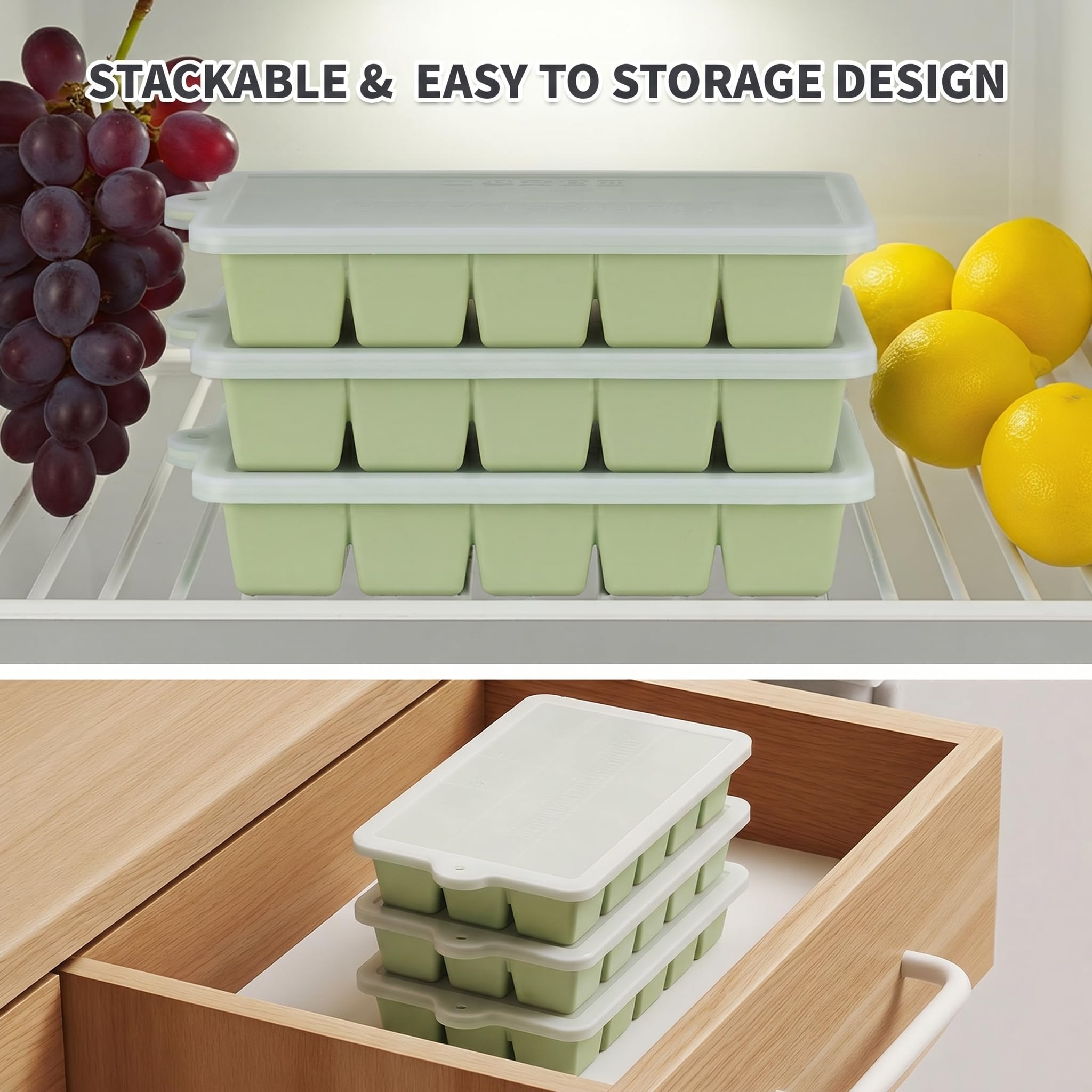 Silikon Eiswürfelformen 2er Set, leicht zu lösen, 15 quadratische Eiswürfelformen mit abnehmbarem Deckel & Mülleimer, halten Getränke gekühlt, BPA-frei