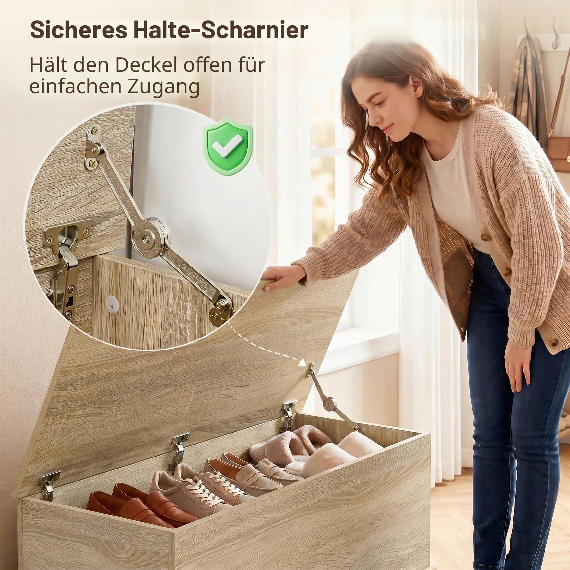 HOMCOM Aufbewahrungsbox, Bank mit Klappdeckel und Sicherheitsscharnieren, Schuhbank, Eingangsmöbel, Flur, Schlafzimmer, Wohnzimmer, 100 x 40 x 40 cm, Naturholzoptik