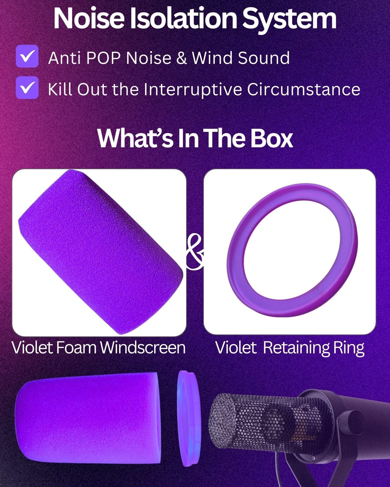 Violetter Pop-Filter Für Shure SM7B - Schaumstoff Windschutz Für Podcast & Stream