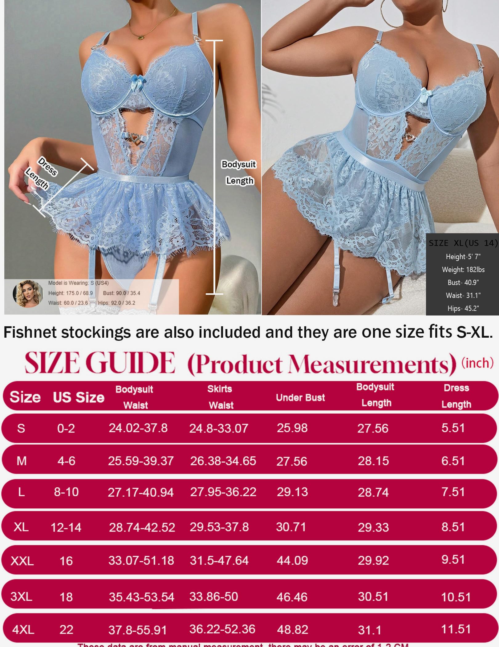 Alrovetoney Women Lingerie Set Naughty Lace Bodysuit High Waisted Underwire Lingerie Babydoll With Garter Belt and Stockings: 3X-Large Baby Blue