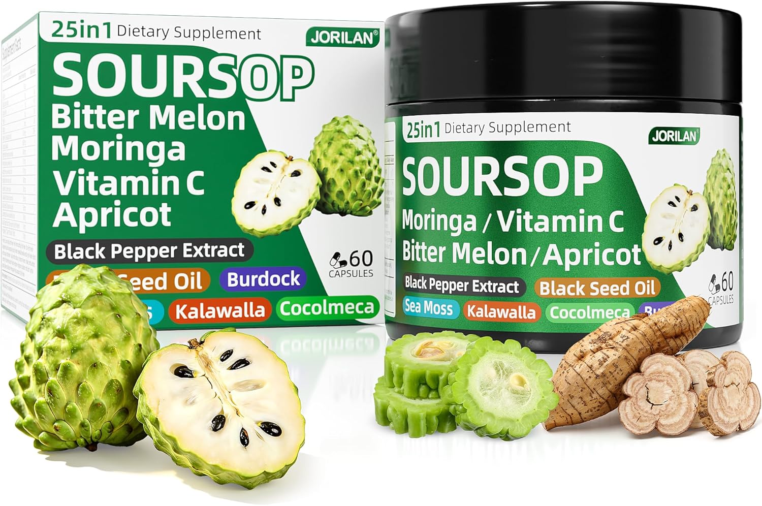 25-in-1 Soursop Supplement with Graviola, Berberine & Bitter Melon Antioxidant Blend with Turmeric Moringa Sea Moss Burdock Root Vitamin C 60 Capsules (1)