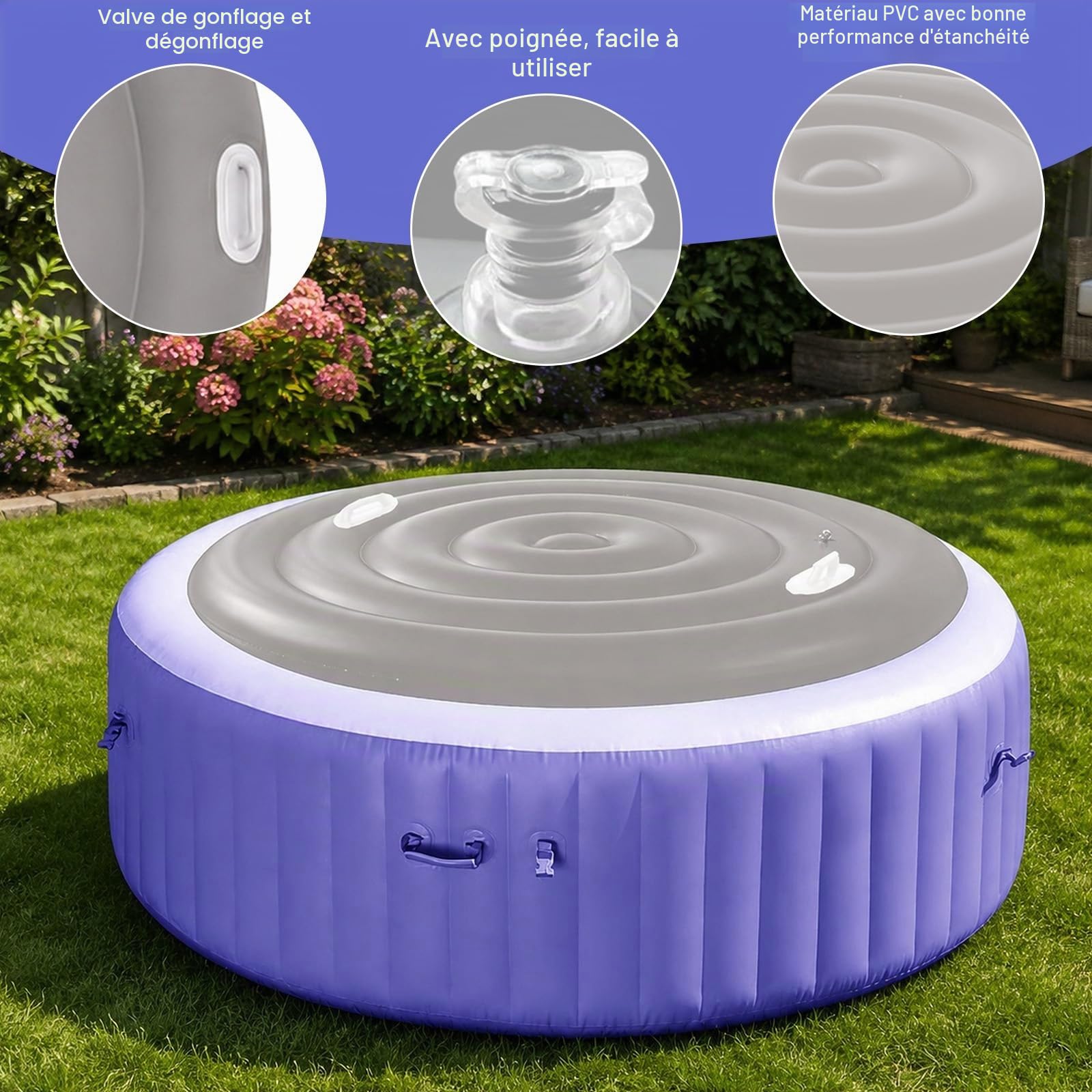 Couverture Gonflable Spa avec Poignées (Gris, 165CM, Ronde)