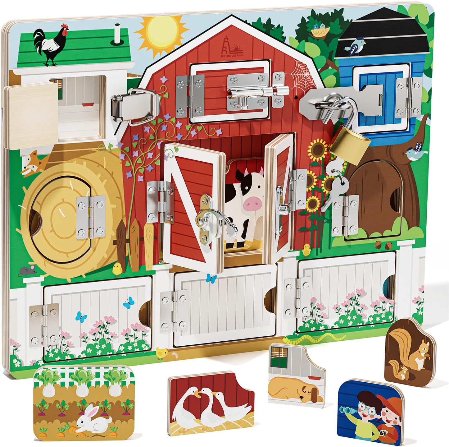 Wooden Latches Busy Board for 1-4 Year Old, Montessori Sensory Toys for Toddler, Farm Theme Educational Busy Book for Kids, Activity Board Gift for Kids