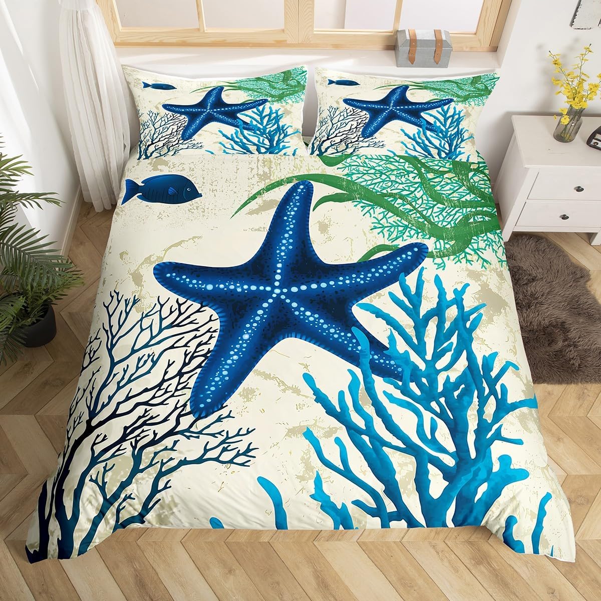 Starfish Beach Bedding Set Twin Size Kids Coastal Beach Ocean Comforter Cover Set for Boys Teens Coral Teal Blue Duvet Cover Breathable Ocean Marine Blue Green Bedspread Cover Room Decor Quilt Cover