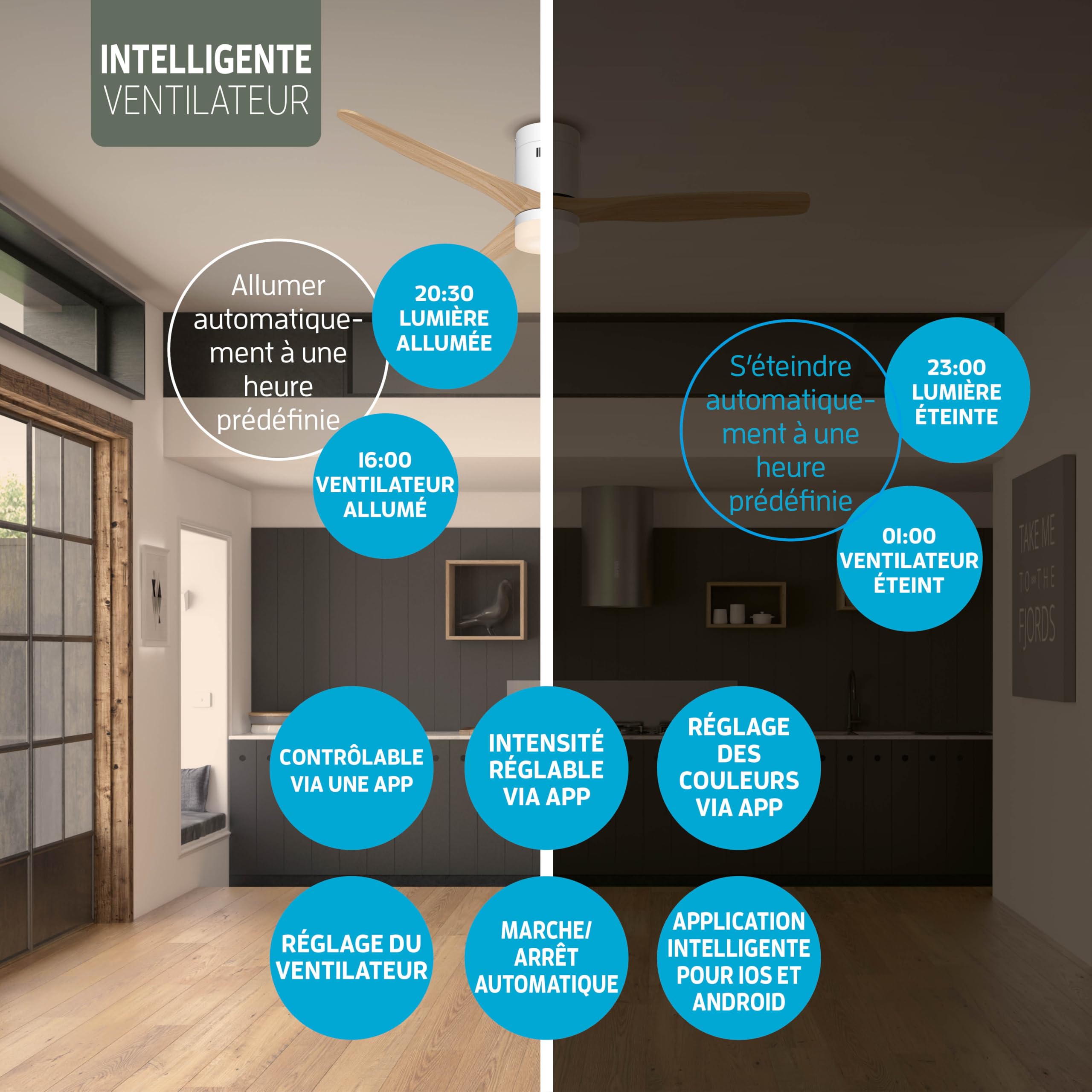 Varin® Ventilateur Plafond avec Lumiere Intelligent, Ø 132cm, Blanc/Bois