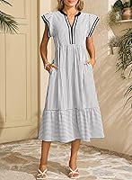 Dokotoo Women's 2026 Summer V-Neck Ruffle Cap Sleeve Empire Waist Flowy Striped Midi Maxi Beach Dress with Pockets