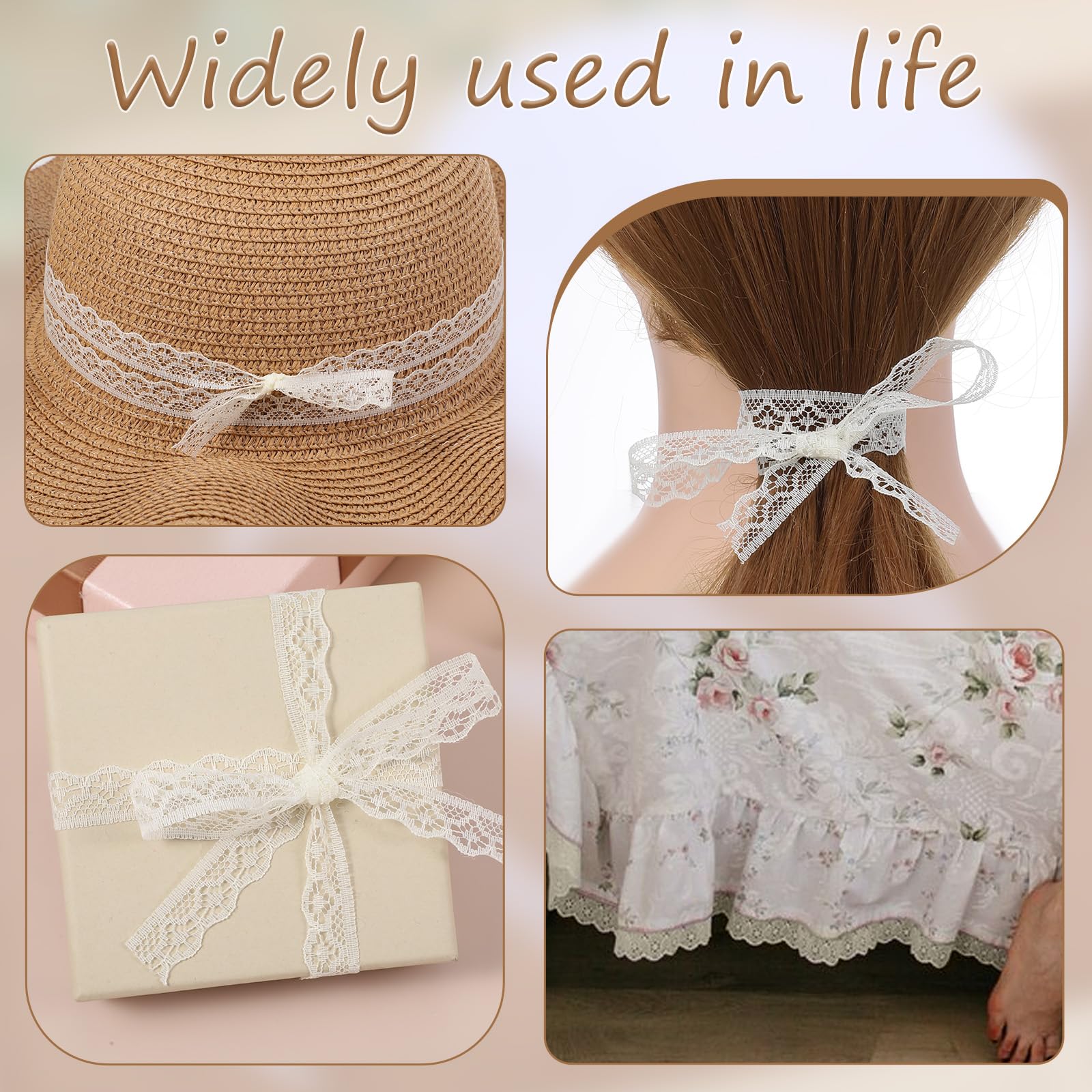 30 Yards Beige Lace Ribbon Roll 0.6 Inch Wide Sewing Lace Ribbon Flower Fabric Trim Sewing Crafts Lace for Wedding Decoration, Bouquet, and Gift Packaging