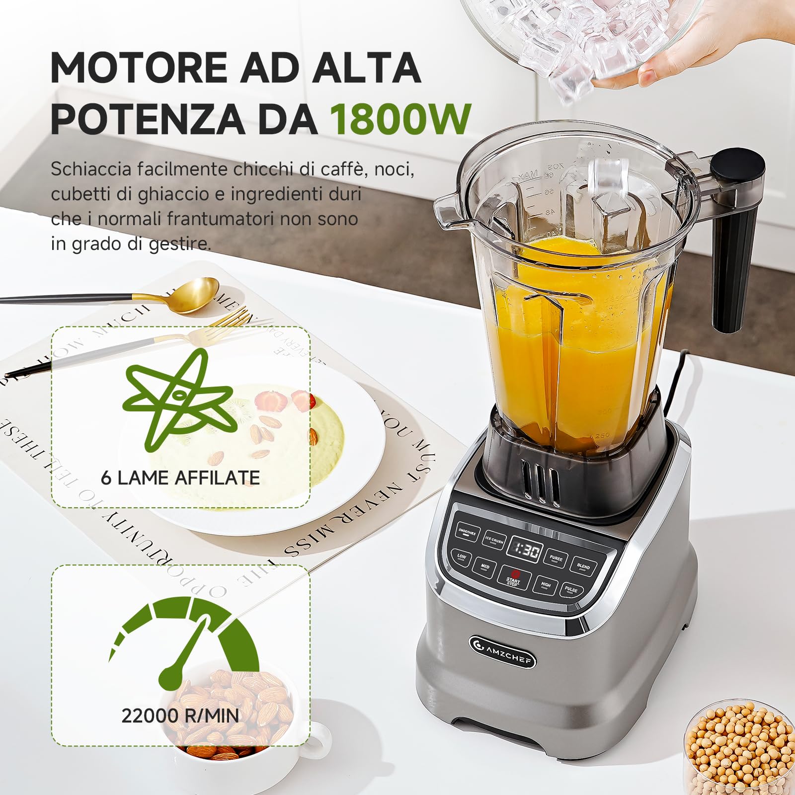 AMZCHEF Batidora de Vaso 2 in 1 con due contenitori di miscelazione, Frullatore Professionale ad alte prestazioni, 1800 Watt, 1,85 litri e 600 ml, blender professionale per smoothie con 6 lame
