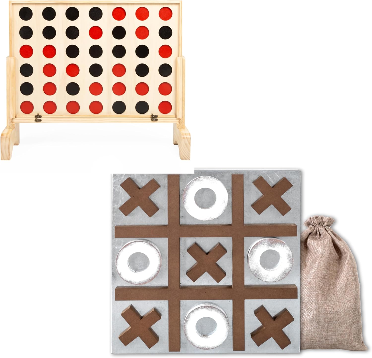 Giant 4-in-a-Row Outdoor Game & Magnetic Tic-Tac-Toe Bundle – XL Wood Yard Game with Carry Case + Wall-Mounted Farmhouse Decor Board for Family Fun, Adults & Kids