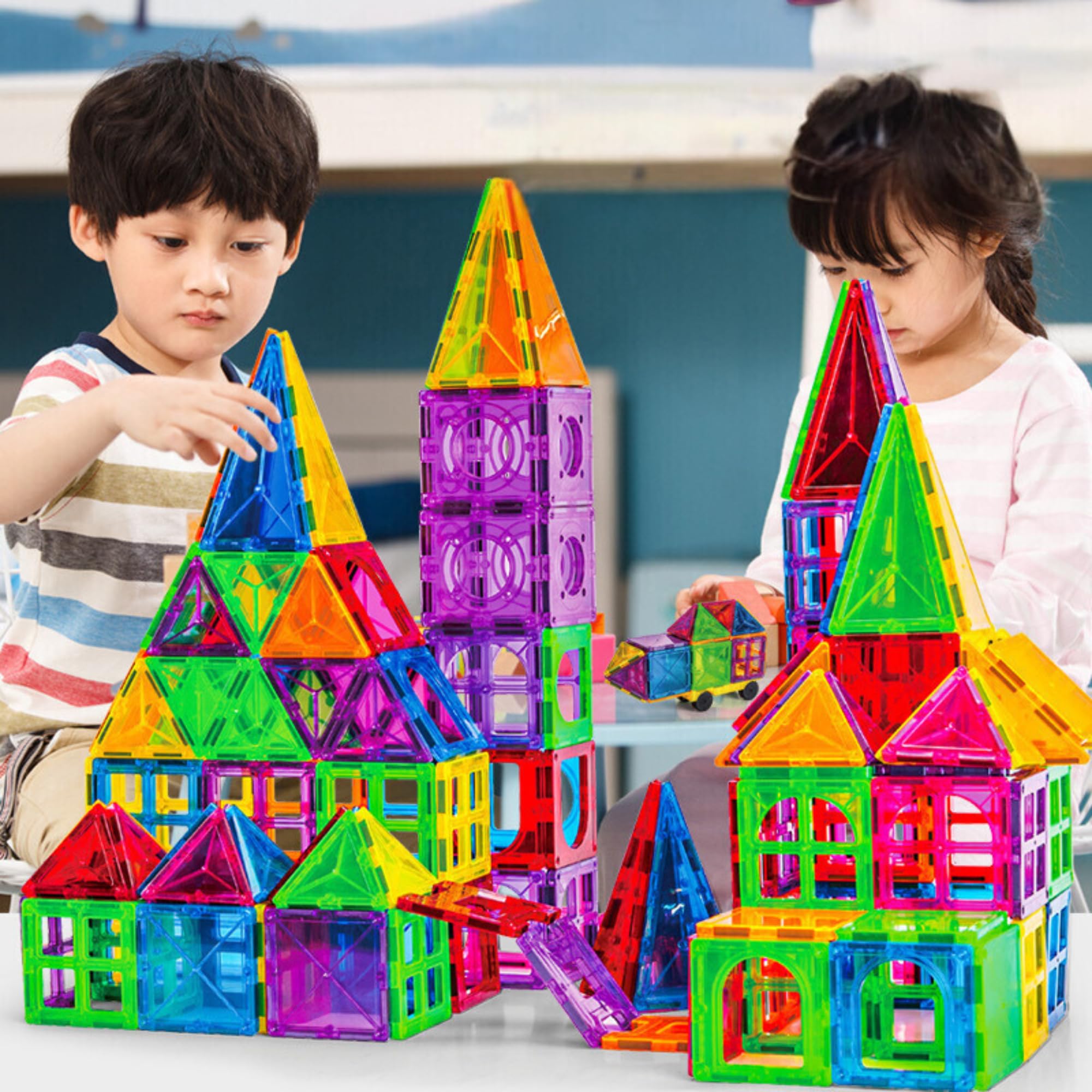 WAT120 Piece Magnetic Tiles for Kids, STEM Approved Educational Toys,3D Magnet Puzzles Stacking Blocks for Boys Girls, Advanced Set with Car