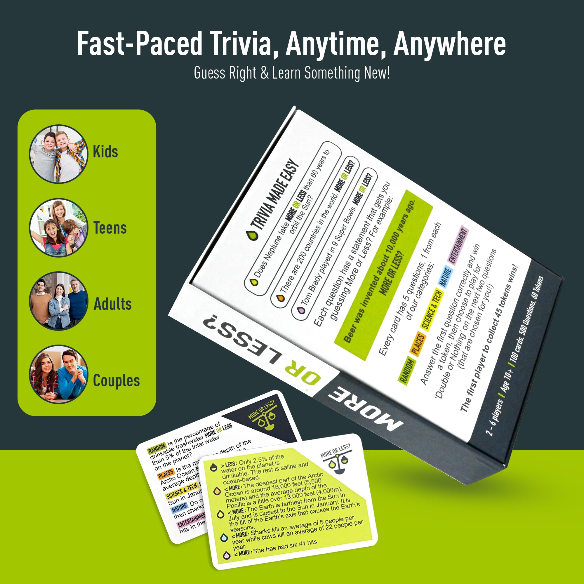 More Or Less? Juego de cartas de trivia, compacto y divertido, ideal para viajes, noche de juegos familiares, regalos de Navidad y vacaciones, 5 categorías de preguntas