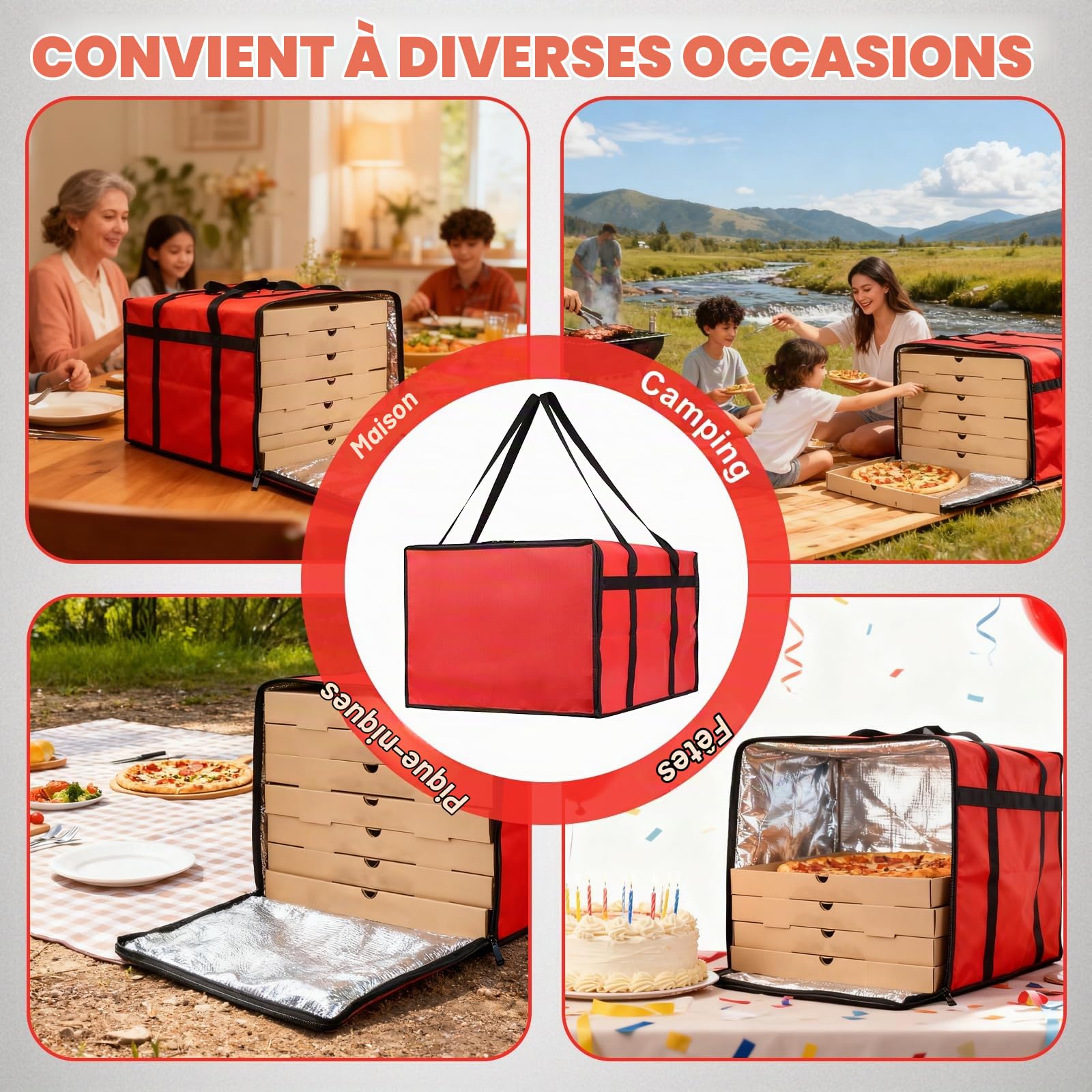 Grand Sac Isotherme 50x50x35,5cm Sacs Isotherme Grand Sac à Pizza Thermique 85L Sacs de Livraison de Nourriture Pochette Thermique Pizza Grande Glacière Pliable pour Faire Les Courses