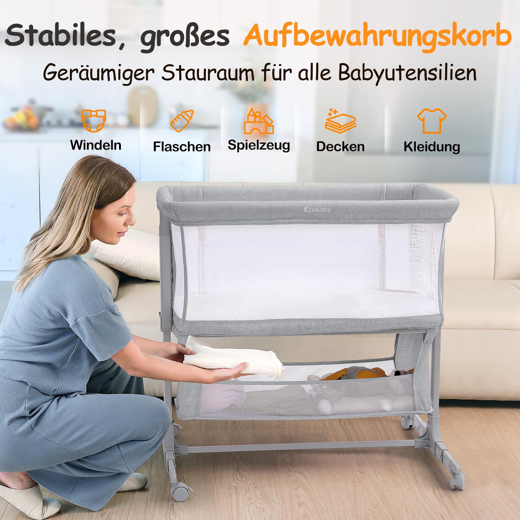 Baby Beistellbett 2-in-1, 7-fach höhenverstellbar, mit Rädern & Stauraum