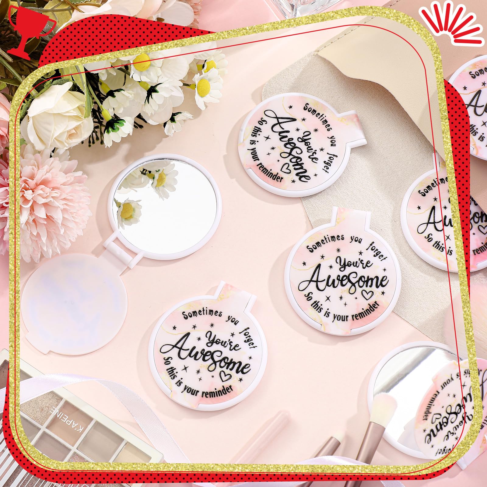 Huwena 100 piezas de espejo compacto a granel inspirador bolsillo pequeño redondo portátil plegable bolso de maquillaje espejo de agradecimiento para empleados regalos de Navidad mujeres niñas