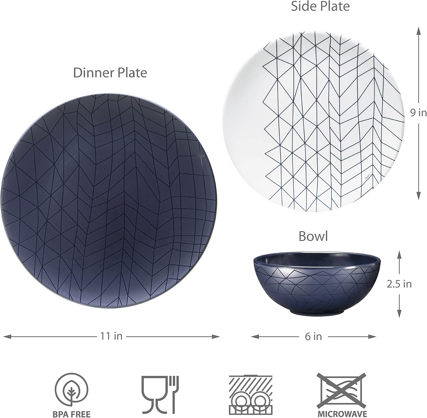 bzyoo 12 Piece Melamine Dinnerware Set - Durable, Dishwasher Safe Plates and Bowls + Ceramics 14oz Coffee Mug Set of 6