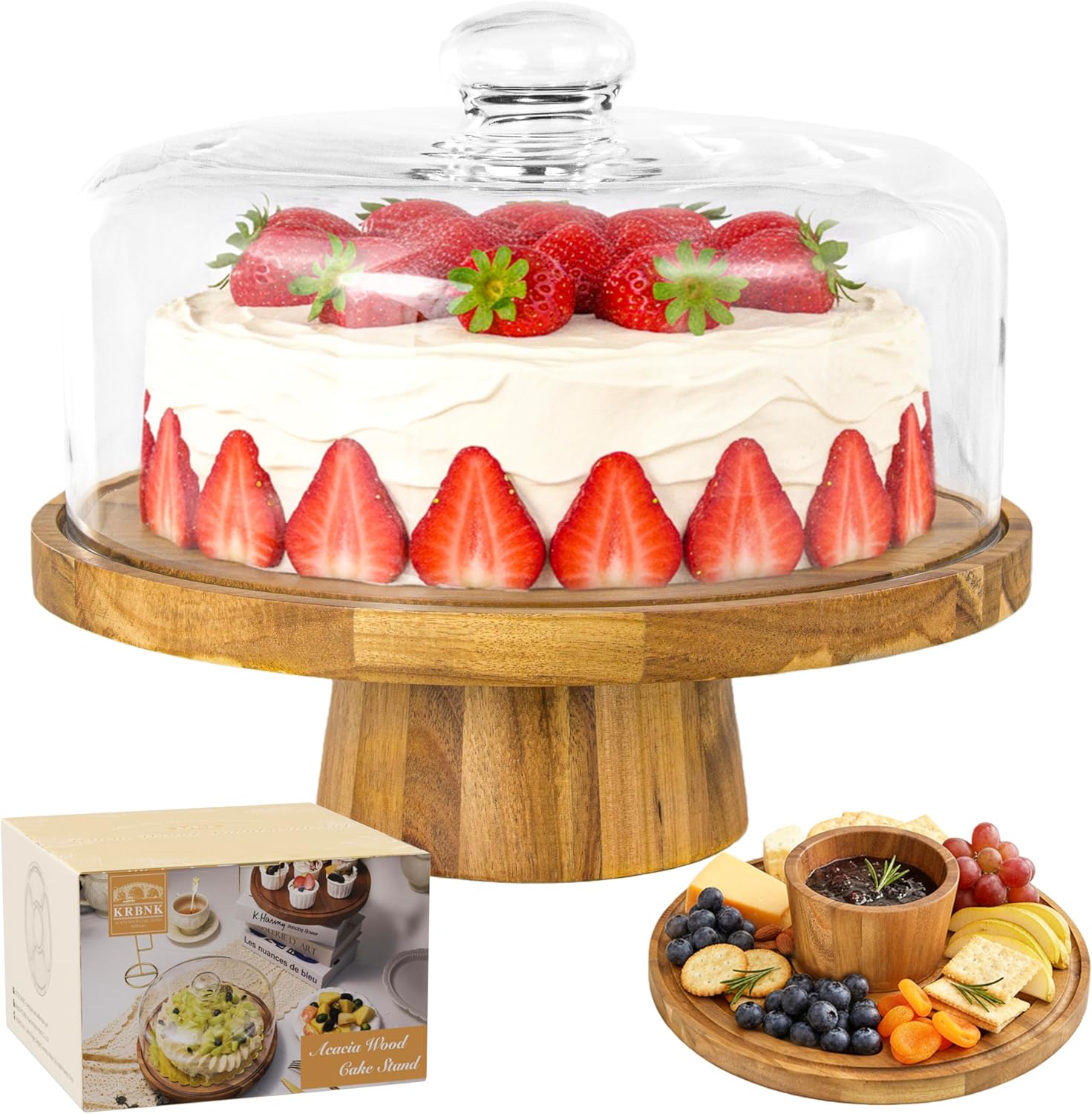 Acacia Wood Cake Stand with Lid, 12" Glass Cake Stand with Dome Cake Holder, 2-in-1 Dessert Table Display Set & Charcuterie Board for Weddings, Parties, Bakeries