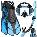 Ubekezele Snorkeling Gear for Adults Men Women,4 in 1 Snorkel Set with Panoramic View Diving Mask Anti-Fog Anti-Leak,Dry Top Snorkel,Fins and Travel Bag for Swimming,Snorkeling and Travel Diving
