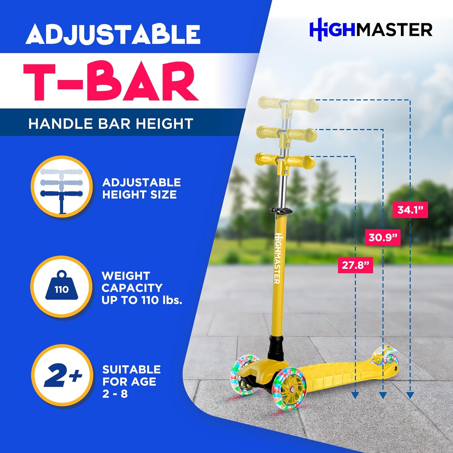 highmaster kids scooter – 3 wheel kick scooter for children and toddlers – adjustable handlebar with led wheel lights – indoor and outdoor fun ?3 wheel kick scooter yellow