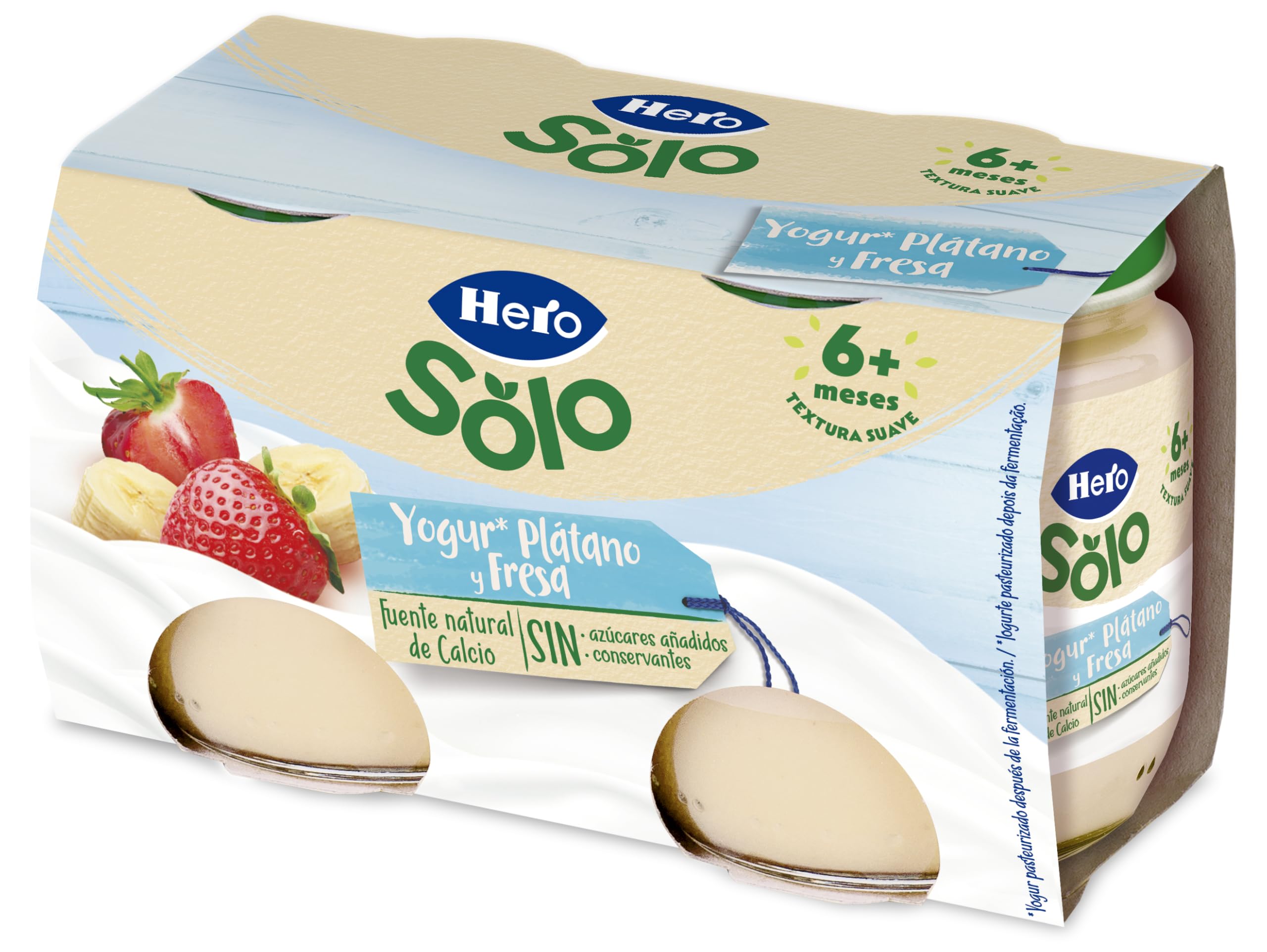 Hero Baby - Tarritos de Yogur, Plátano y Fresa, Fuente Natural de Calcio, Sin Azúcares Añadidos, Sin Aceite de Palma, Para Bebés a Partir de 6 Meses, 6 Packs de 2x120g