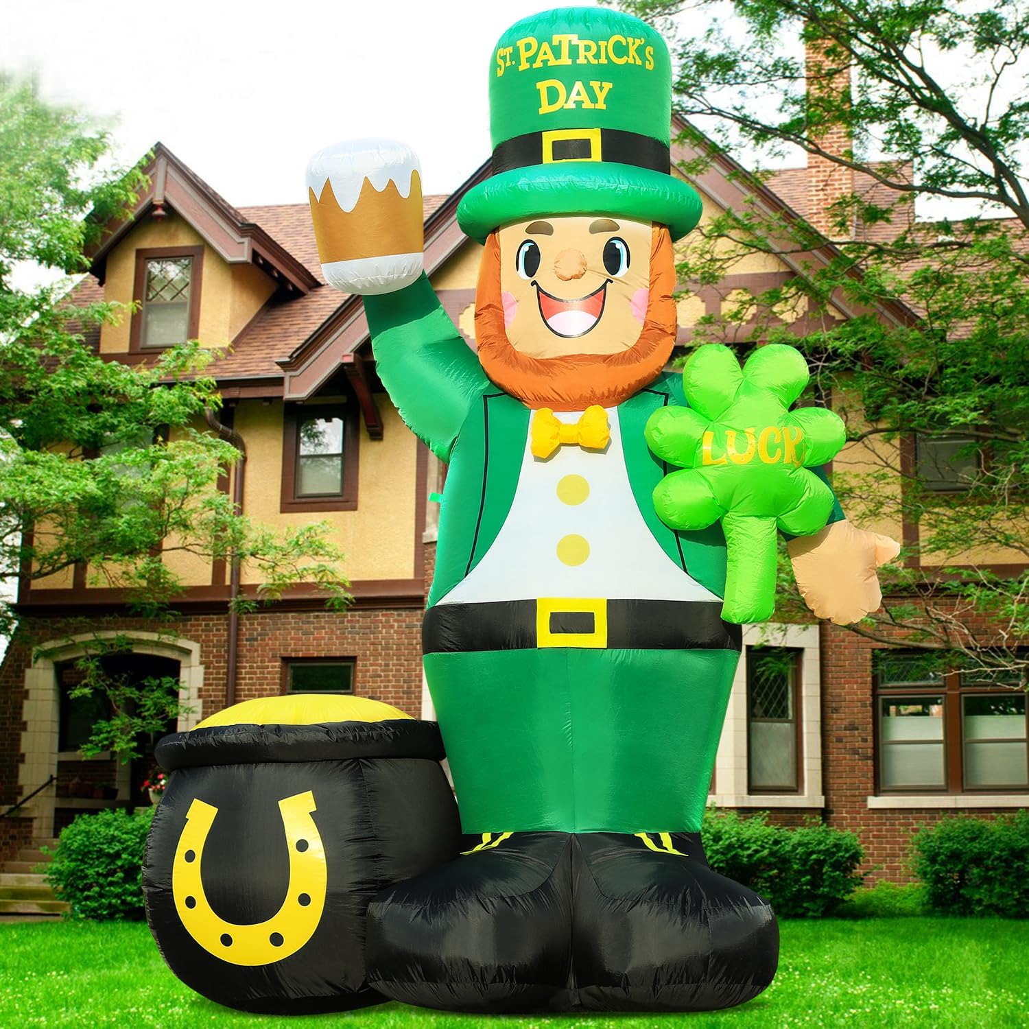 St. Patricks Day Inflatable Decorations 8ft Large Leprechaun Built-in LED Lights with Shamrock and Gold Coin Pot Blow Up Décor Outdoor Lucky Day Holiday Party Lawn Yard Garden Patio