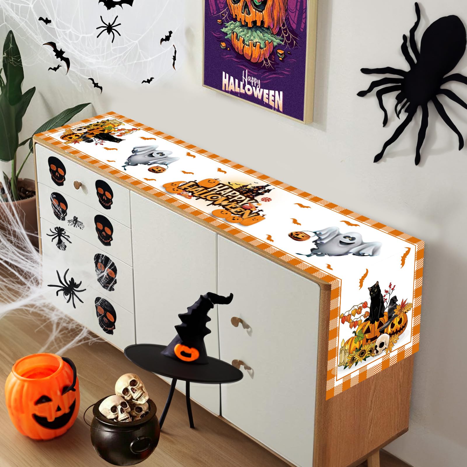 Halloween Tischläufer 33x228 Cm – Gruselig Mit Spukhaus, Hexen & Kürbissen, Rutschfest