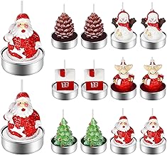 ilauke Pack of 12 Christmas Tea Light Candles, Handmade Delicate Tea Lights Candles for Christmas Table Decorations (Christmas Tree, Pine Cones, Snowhouse, Santa, Snowman, Elk)