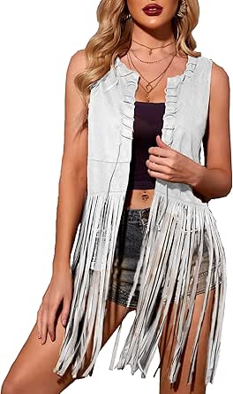 HOTOUCH Women Fringe Vest Faux Suede Tassels 70s Hippie Clothes Open-Front Sleeveless Vest Cardigan Female