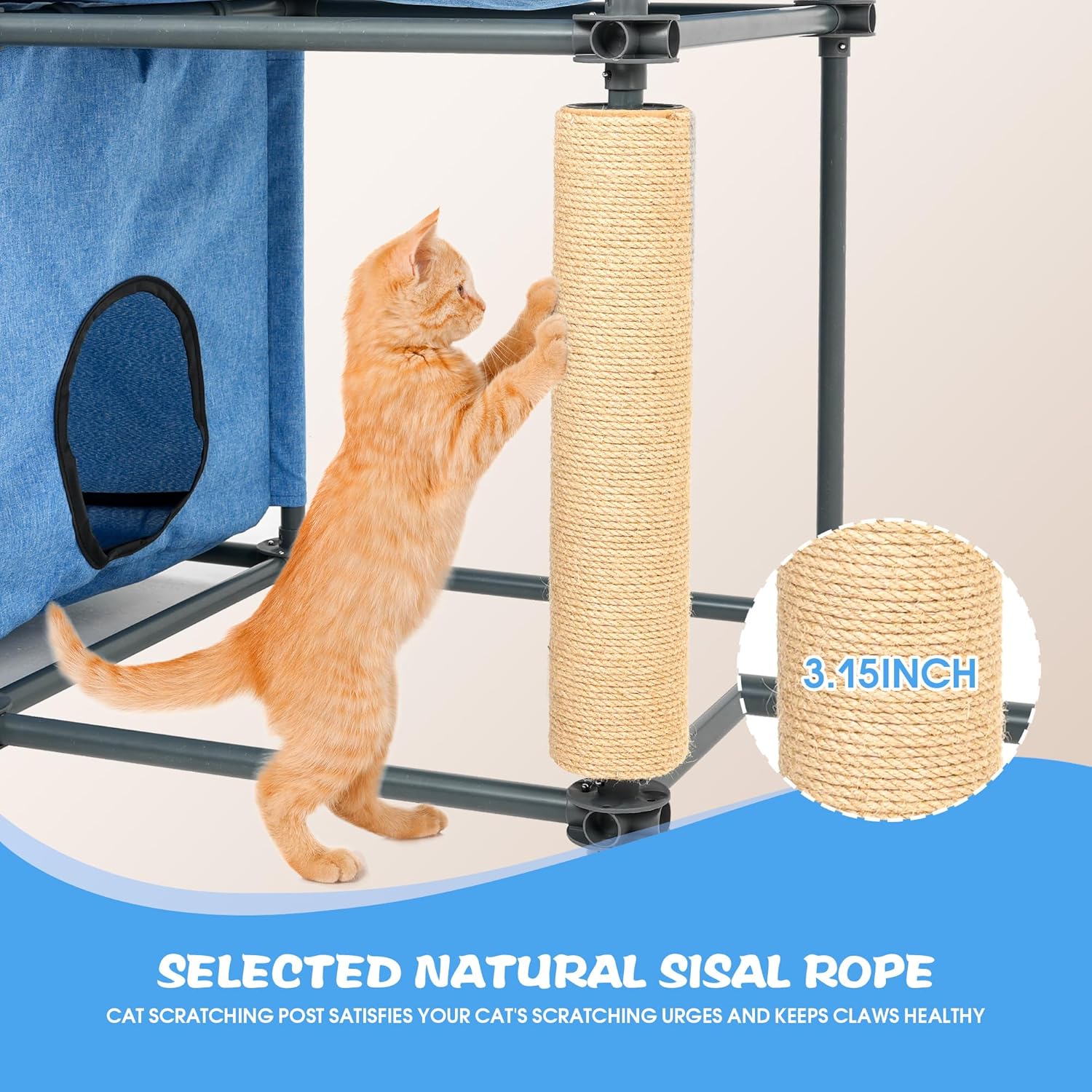 Large Cat Hamock Bed with Scratching Post – Multi-Level Cat Tree with House Condos & Ladder for Indoor/Outdoor Use+Blue/Three-Tier