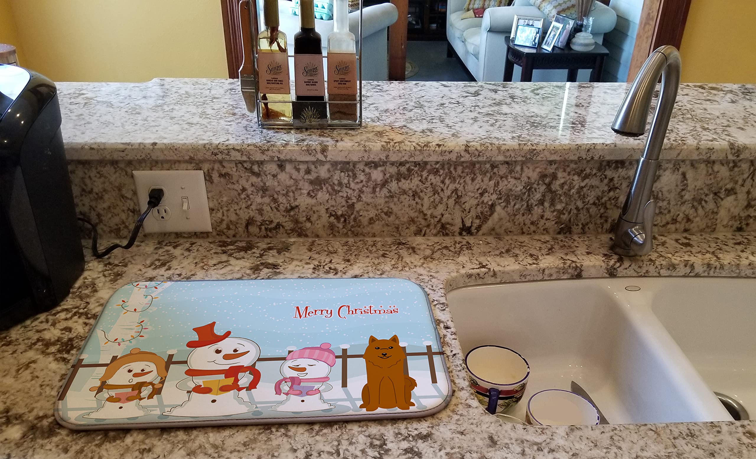 Caroline's Treasures BB2353DDM Merry Christmas Carolers Karelian Bear Dog Dish Drying Mat Absorbent Dish Drying Mat Pad for Kitchen Counter Dish Drainer Mat for Countertop, 14 x 21