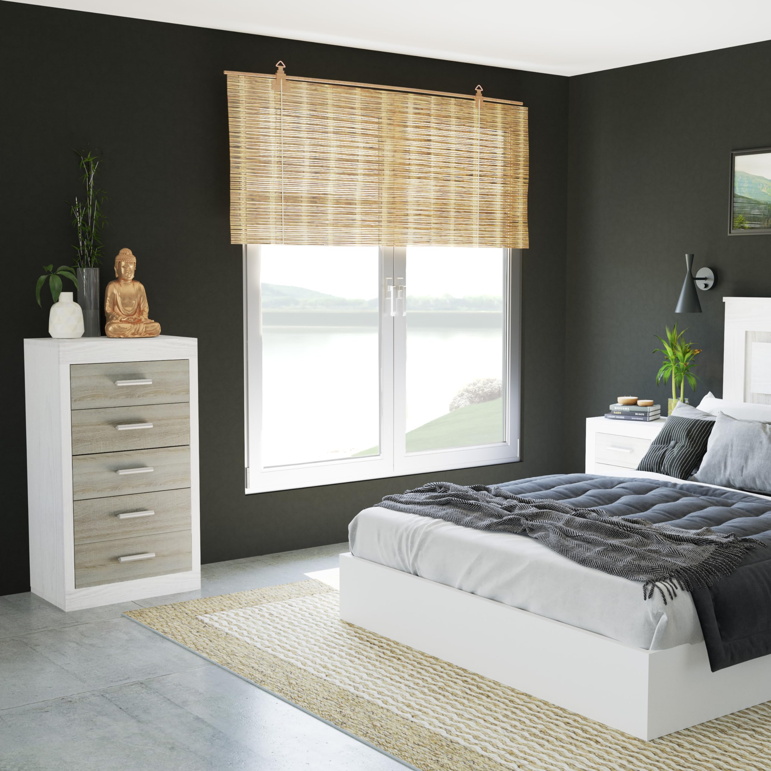 duehome | Conjunto de Dormitorio Kira 5c con Cabecero, 2 Mesitas de Noche, Sinfonier y Espejo, Acabado en Andersen Pino y Gris