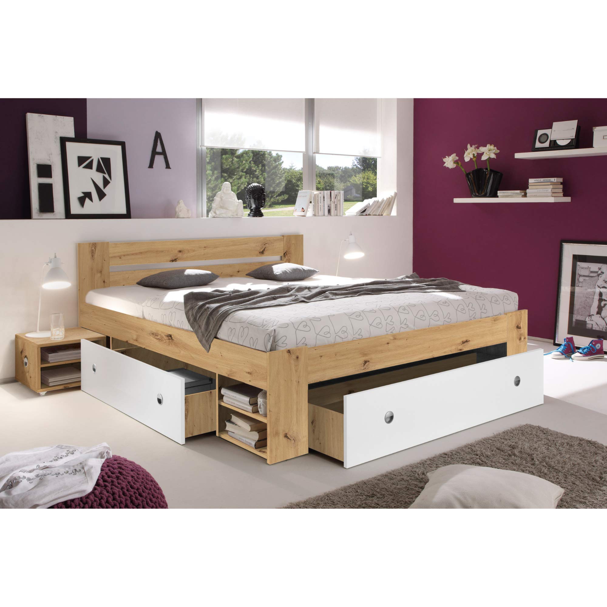 Stella Trading Stefan Moderne Doppelbett Bettanlage 180 x 200 cm mit 2x Nachtkommoden - Schlafzimmer Komplett-Set in Artisan Eiche Optik, Weiß - 185 x 86 x 204 cm (B/H/T)